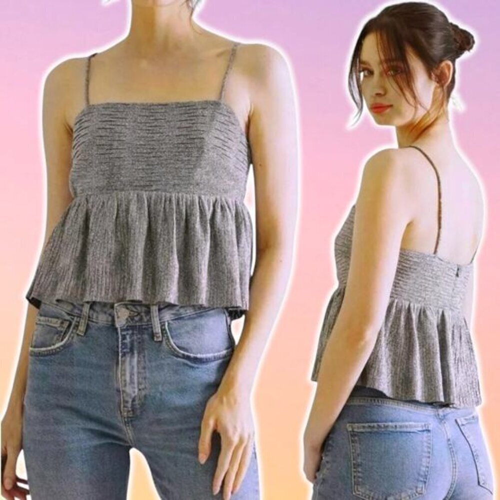 STORIA Metallic Silver Ruffle Baby Doll Top Sz Medium